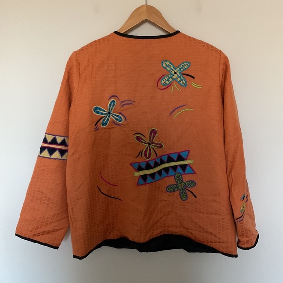Indigo Moon Orange Jacket M Patchwork Appliqué Embroidered Floral Glass Buttons - Picture 8 of 14